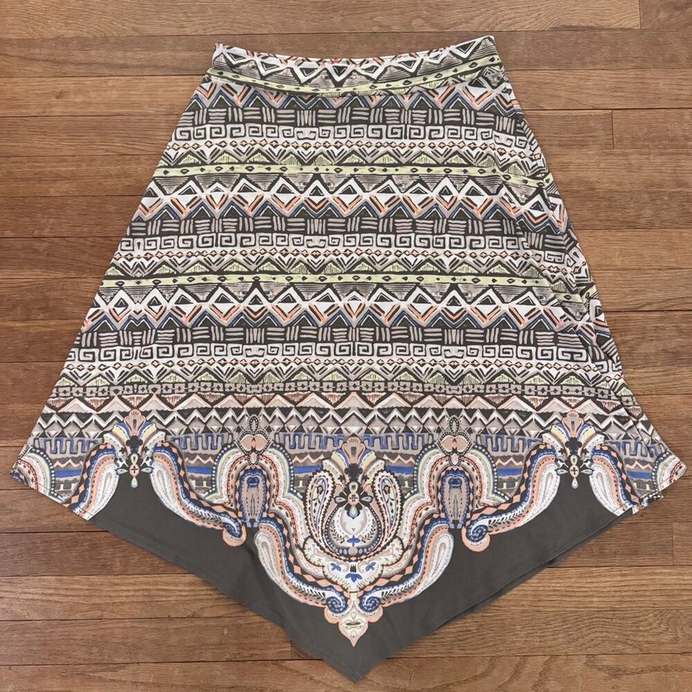 Chico's green white Geo jersey handkerchief hem a-line midi skirt size 8
 b72